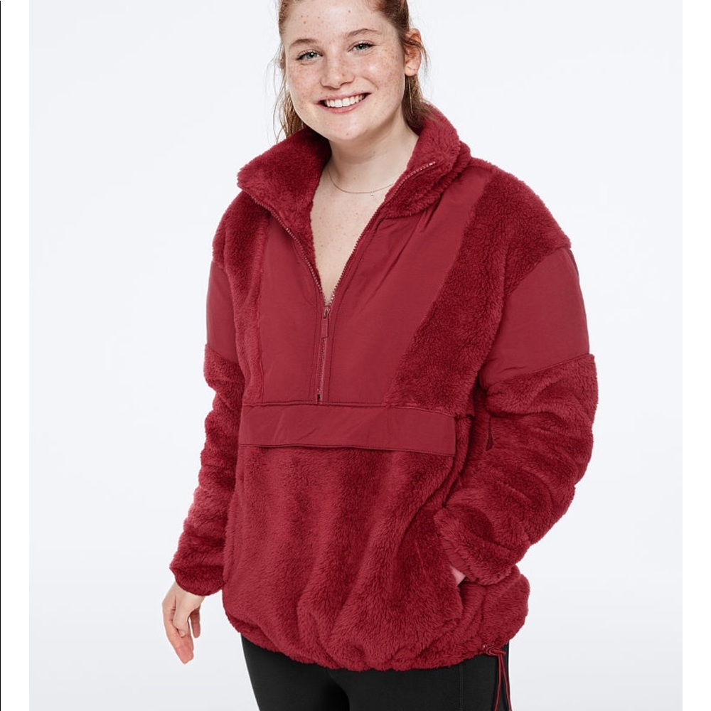 VICTORIA’S SECRET PINK WOMEN'S OVERSIZED CRANBERRY TEDDY HALF-ZIP PULLOVER